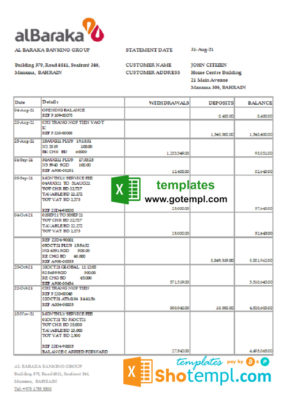 editable template, Bahrain Al Baraka bank statement easy to fill template in .xls and .pdf file format