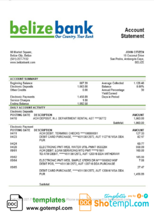 editable template, Belize Belizebank proof of address bank statement template in Word and PDF format