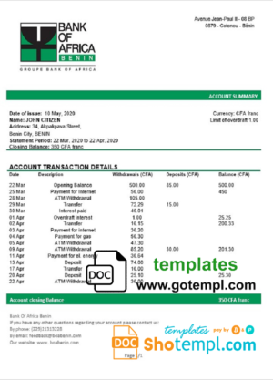 editable template, Benin Bank of Africa bank statement template in Word and PDF format