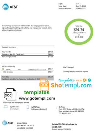 editable template, USA Texas AT&T easy to fill utility bill template in Word and PDF format