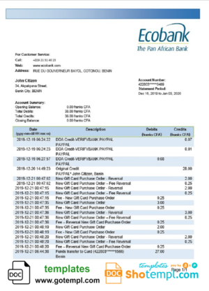 editable template, Benin Ecobank proof of address bank statement template in Word and PDF format