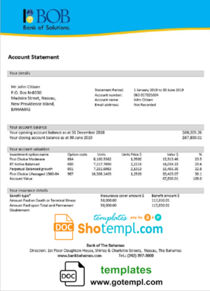 editable template, Bahamas Bank of The Bahamas proof of address bank statement template in Word and PDF format