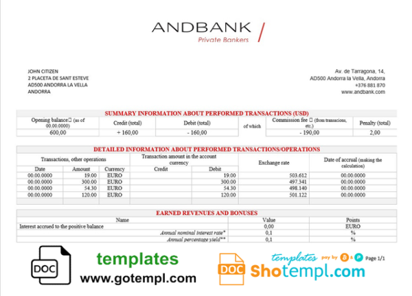 editable template, Andorra Andbank bank statement template in Word and PDF format, good for address prove
