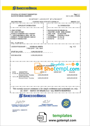 editable template, Brazil Banco do Brasil bank statement template in Word and PDF format