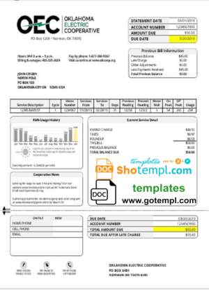 editable template, USA OEC electricity utility bill template in Word and PDF format