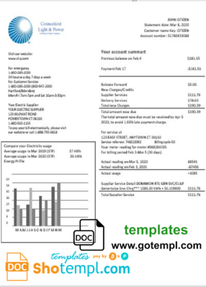 editable template, USA Connecticut Light & Power electricity utility bill in Word and PDF format
