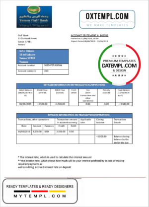 editable template, Yemen Gulf bank statement template, Word and PDF format (.doc and .pdf)