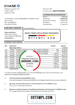 editable template, USA Chase account statement easy to fill template in Excel and PDF format