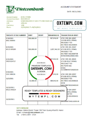 editable template, Vietnam Vietcombank bank statement easy to fill template in .xls and .pdf file format