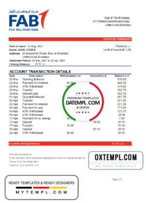 editable template, UAE First Abu Dhabi Bank statement easy to fill template in .xls and .pdf file format