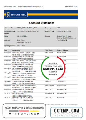 editable template, UAE Abu Dhabi NBD bank statement easy to fill template in Excel and PDF format
