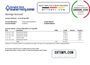 editable template, Thailand Bangkok bank statement easy to fill template in Excel and PDF format