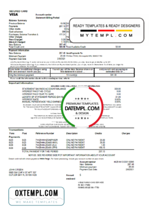 editable template, USA Wells Fargo bank credit card statement template in Excel and PDF format