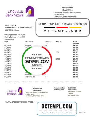 editable template, Oman Bank Nizwa proof of address bank statement template in Word and PDF format