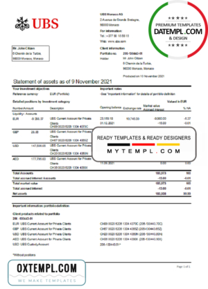 editable template, Monaco UBS Bank statement easy to fill template in Excel and PDF file format