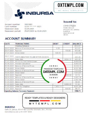 editable template, Mexico Inbursa Bank statement easy to fill template in Excel and PDF format