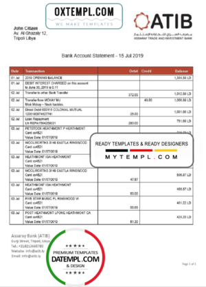editable template, Libya Assaray (ATIB) bank statement easy to fill template in Word and PDF format