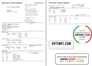 editable template, USA PNC bank statement template in Excel and PDF format, 2 pages