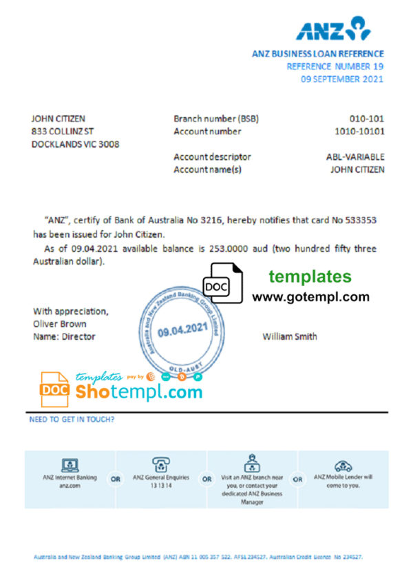 editable template, Australia ANZ bank account reference letter template in Word and PDF format