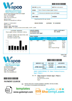 editable template, Egypt Water Products Company Egypt (Wapco) utility bill template in Word and PDF format