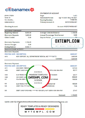 editable template, Mexico Citibanamex bank statement easy to fill template in .xls and .pdf file format