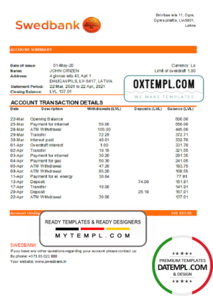 editable template, Latvia Swedbank bank statement easy to fill template in .xls and .pdf file format