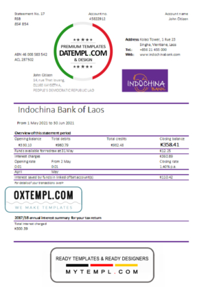 editable template, Laos Indochina Bank statement easy to fill template in Excel and PDF format