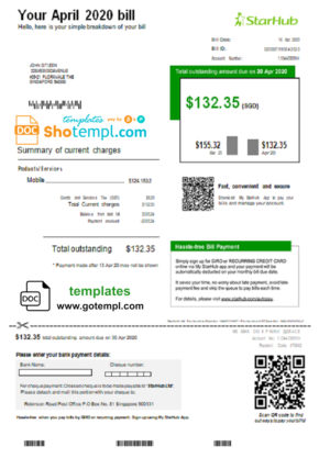 editable template, Singapore StarHub utility bill template in Word and PDF format