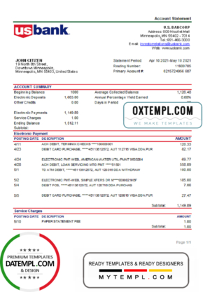 editable template, USA Bancorp bank statement easy to fill template in .xls and .pdf file format
