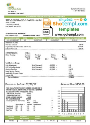 editable template, USA Maine Natural Gas Portland utility bill template in Word and PDF format