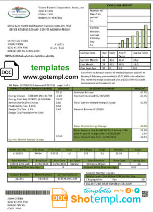 editable template, USA Kansas Victory Electric utility bill template in Word and PDF format