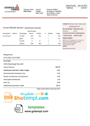 editable template, USA Georgia Power utility bill template in Word and PDF format, fully editable