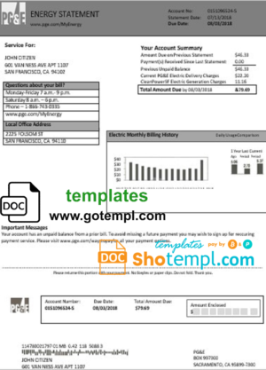 editable template, USA California PG&E electricity utility bill template in Word and PDF format