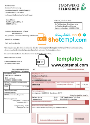 editable template, Austria Stadtwerke Feldkirch utility bill template in Word and PDF format
