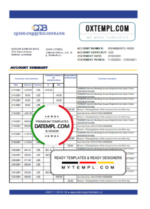 editable template, Uzbekistan Qishloq Qurilish Bank statement easy to fill template in Excel and PDF format