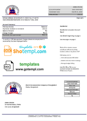 editable template, Bangladesh Electricity Generation Company of Bangladesh utility bill template in Word and PDF format