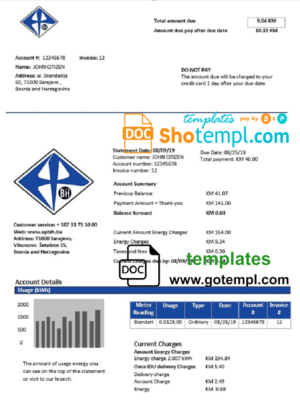editable template, Bosnia and Herzegovina Elektroprivreda BiH electricity utility bill template in Word and PDF