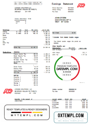 editable template, USA ADP business corporate earnings statement template in Word and PDF format