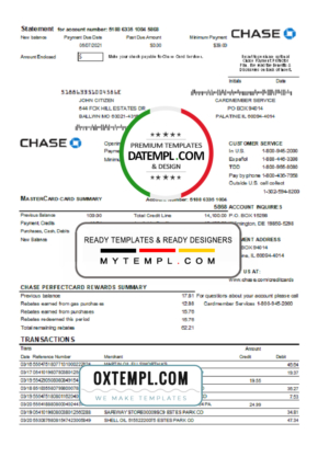 editable template, USA Chase bank Mastercard card statement easy to fill template in Excel and PDF file format