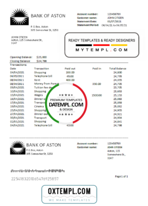 editable template, United Kingdom Bank of Aston bank statement easy to fill template in Excel and PDF format