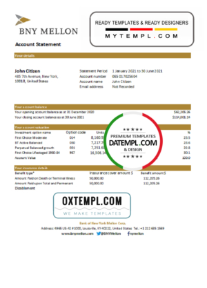 editable template, USA Bank of New York Mellon bank statement easy to fill template in Excel and PDF format