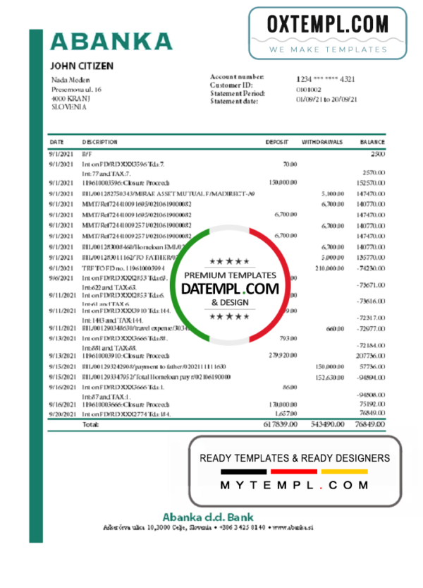 editable template, Slovenia Abanka d.d bank statement template in Excel and PDF format