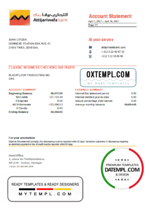 editable template, Senegal Attijariwafa Bank statement easy to fill template in Excel and PDF format