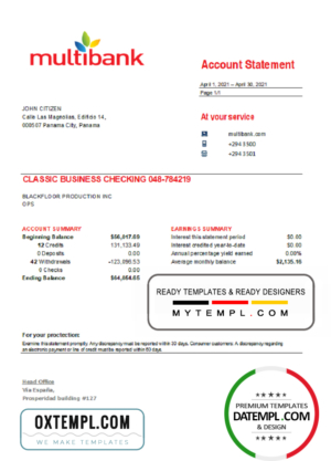 editable template, Panama Multibank bank statement easy to fill template in .xls and .pdf file format