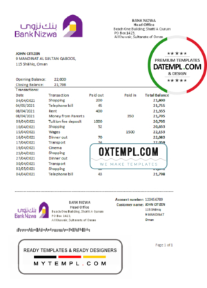 editable template, Oman Bank Nizwa bank statement easy to fill template in Excel and PDF format
