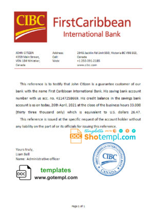 editable template, Canada CIBC Bank account reference letter template in Word and PDF format
