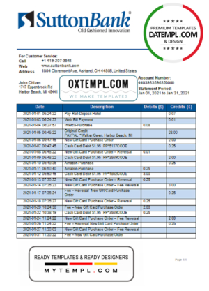 editable template, USA Ohio SUTTON bank statement template in Word and PDF format