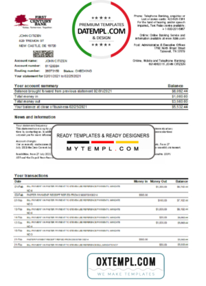 editable template, USA First Century Bank statement easy to fill template in Excel and PDF format