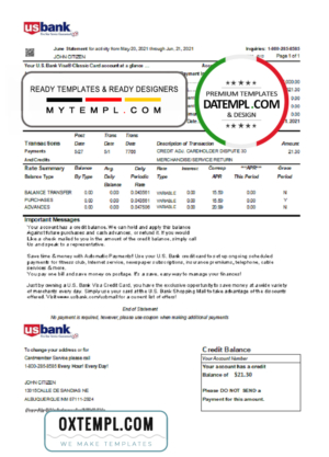 editable template, USA U.S. bank credit card statement template in Excel and PDF file format