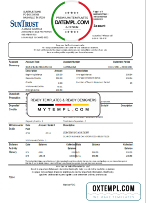 editable template, USA Georgia SunTrust bank statement template in Excel and PDF format
